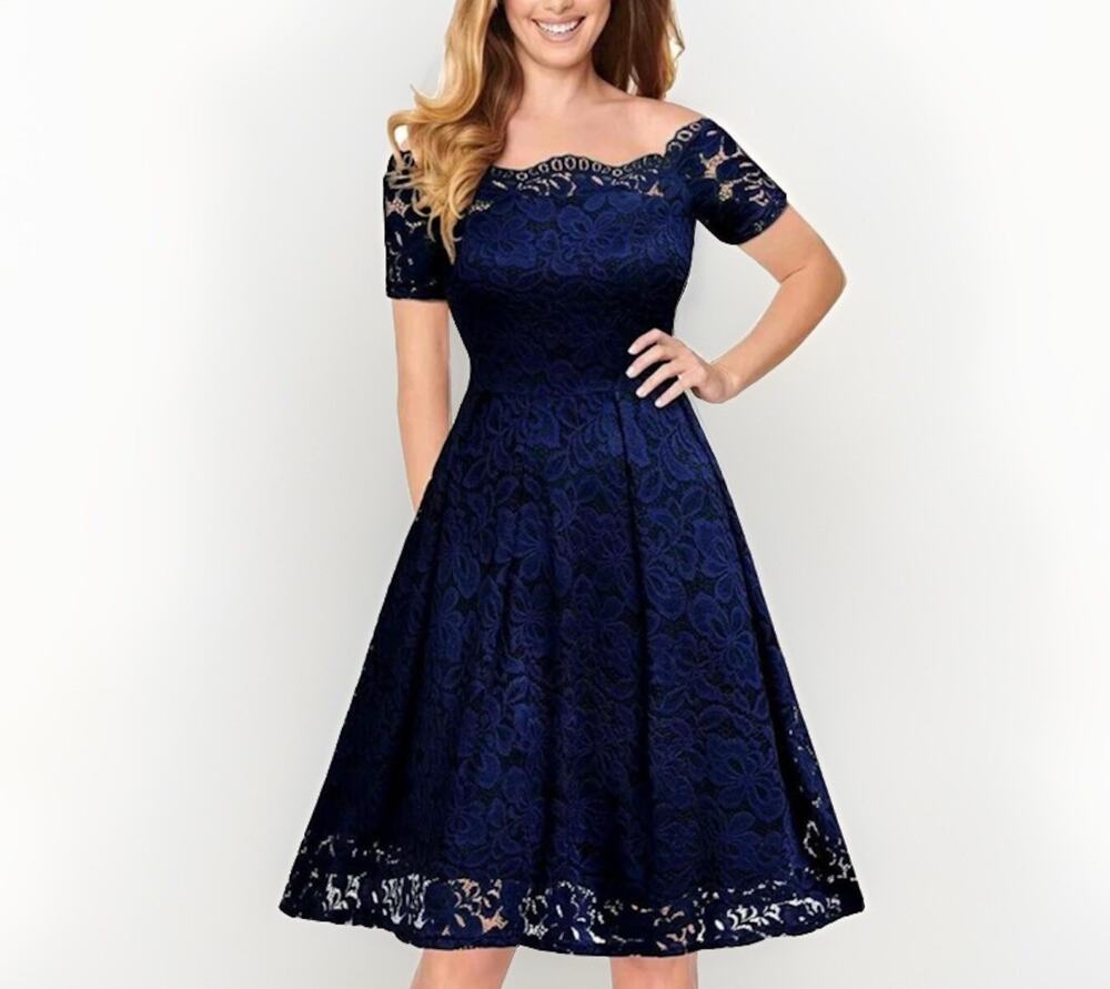 MissMay Sz Girl's L Retro Gorgeous Navy Blue Lace A-Line Dress Short Sleeve